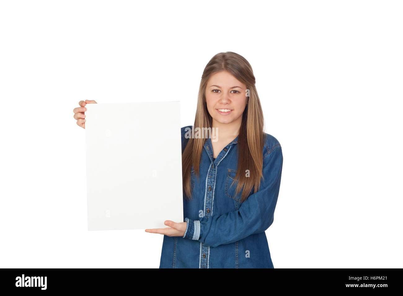 Beautiful young girl holding a blank poster for advertising isolated on ...