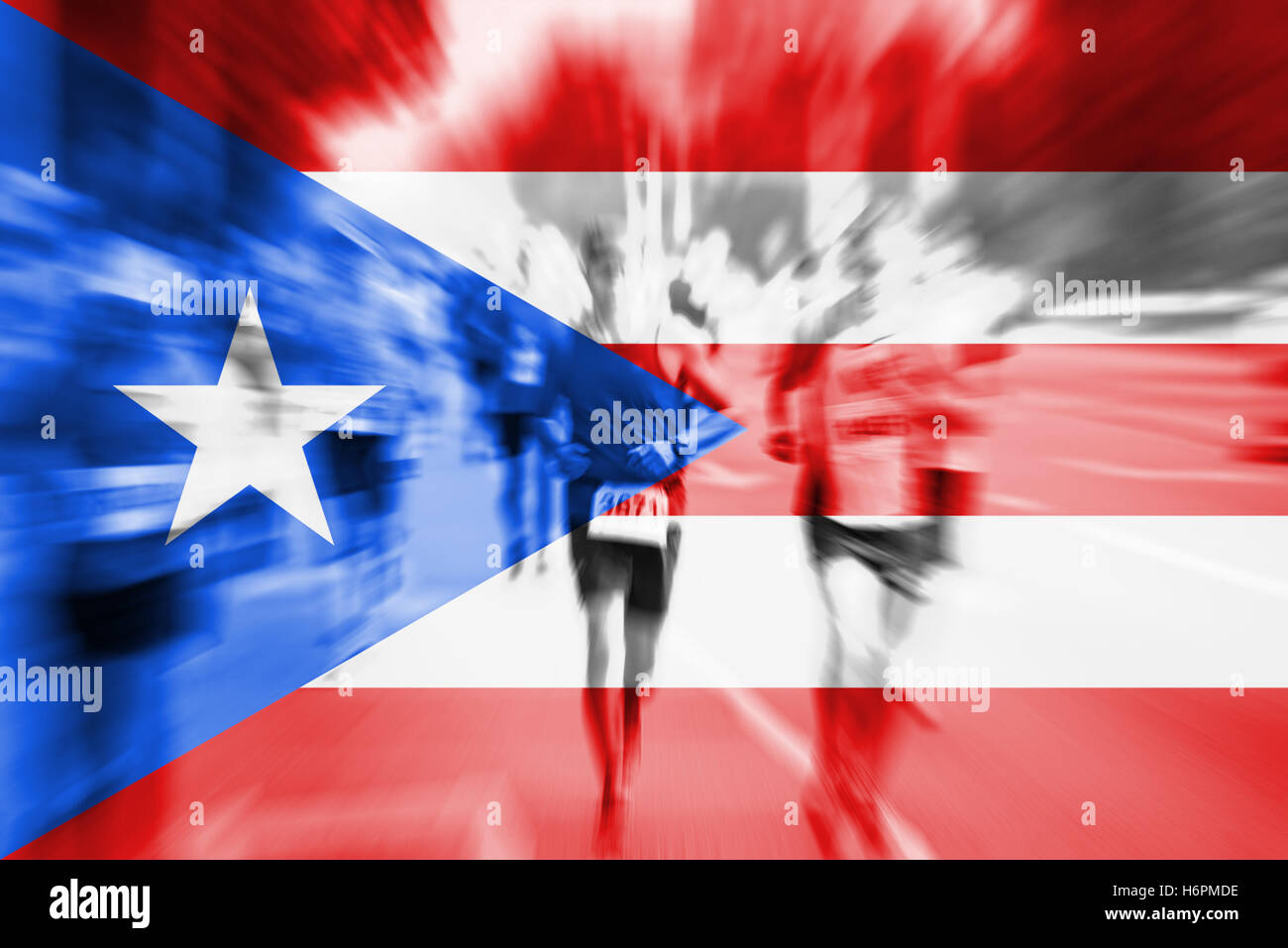Marathon runner motion blur with blending Puerto Rico flag Stock Photo
