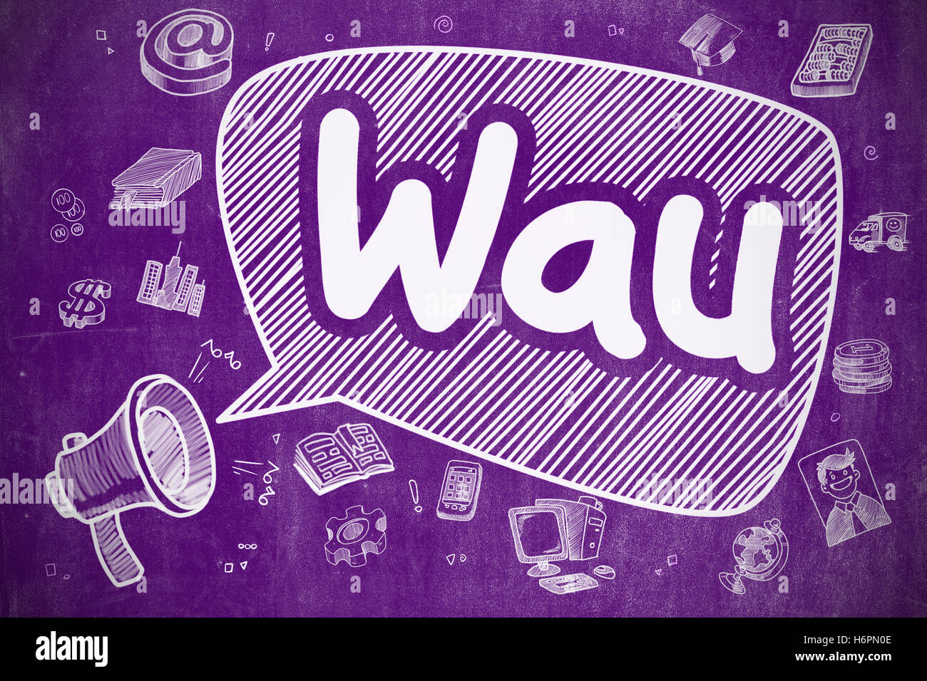 Wau - Doodle Illustration on Purple Chalkboard. Stock Photo