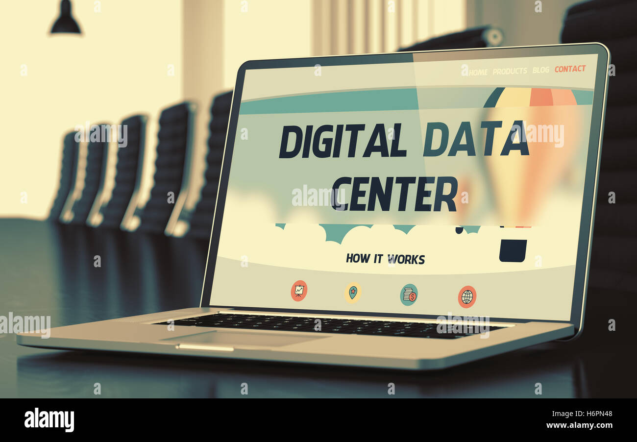 Digital Data Center on Laptop in Conference Hall. 3D. Stock Photo