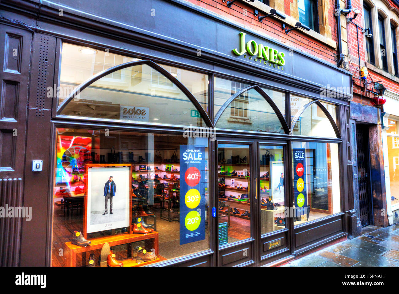 Jones bootmaker shoe shop store chain sign exterior front entrance  Nottingham UK GB England high street shops stores Stock Photo - Alamy