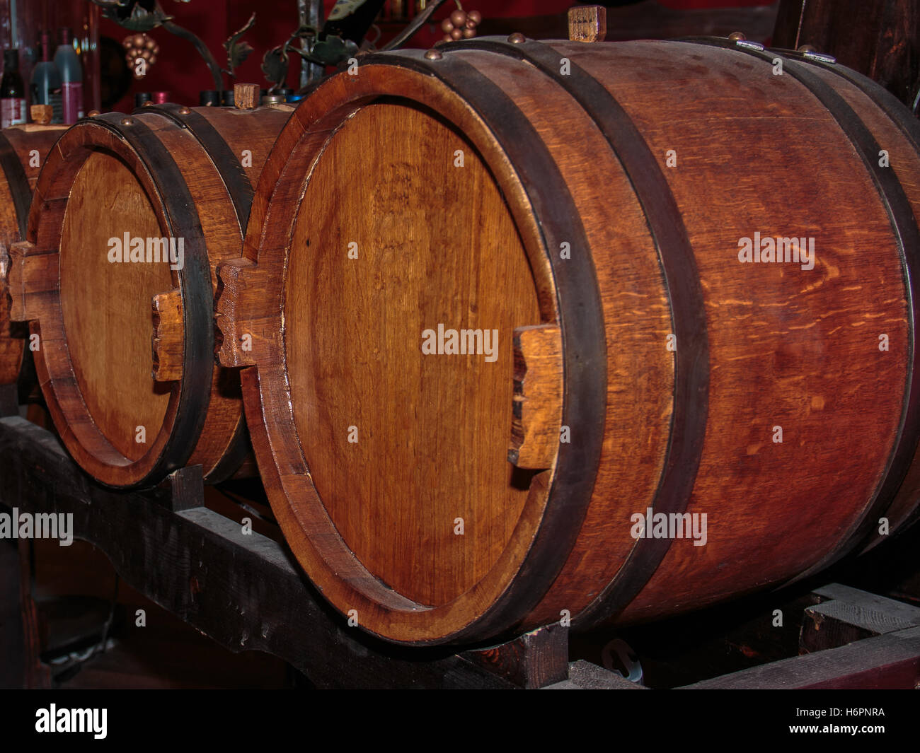 Fine Big Wine Wooden Barrels in Horizontal Position Stock Photo Alamy