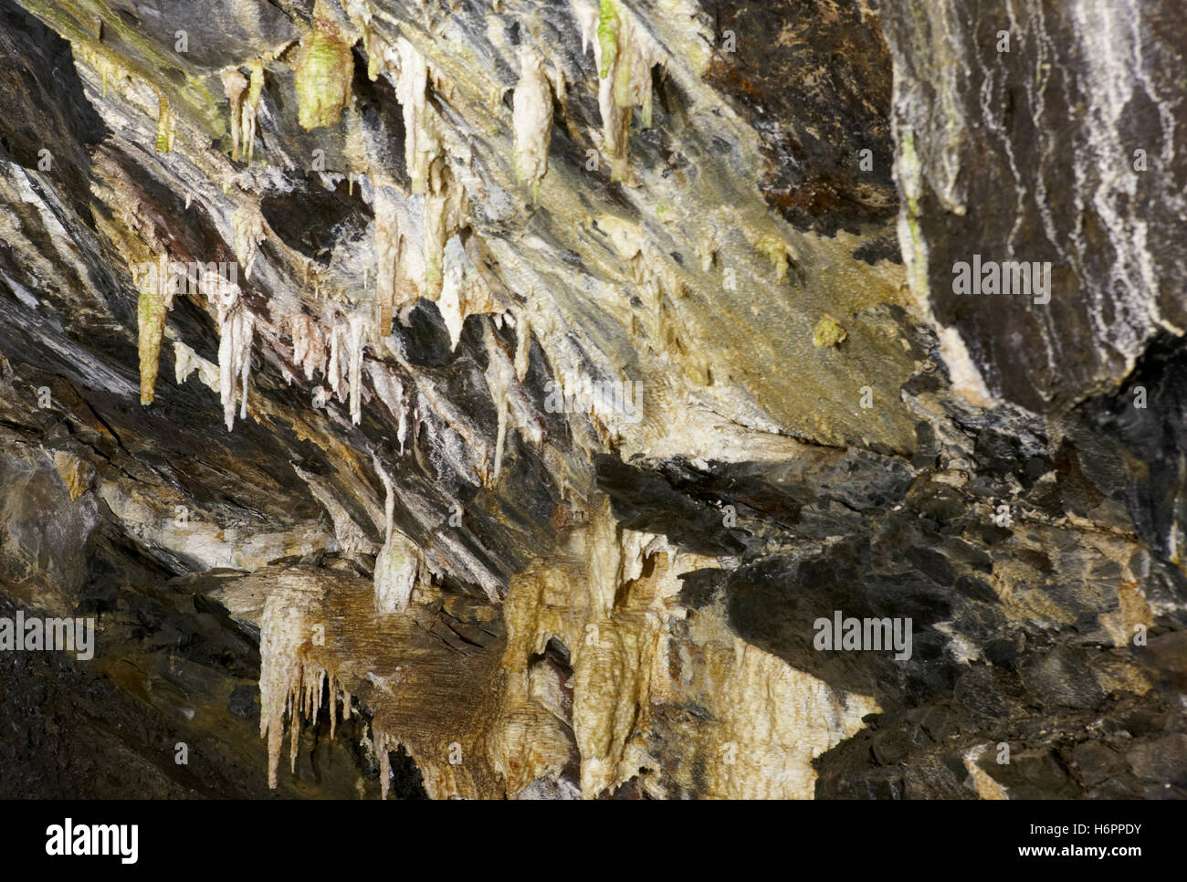Stalactites inside a cave. Algar do Carvao. Terceira. Azores. Portugal. Horizontal Stock Photo