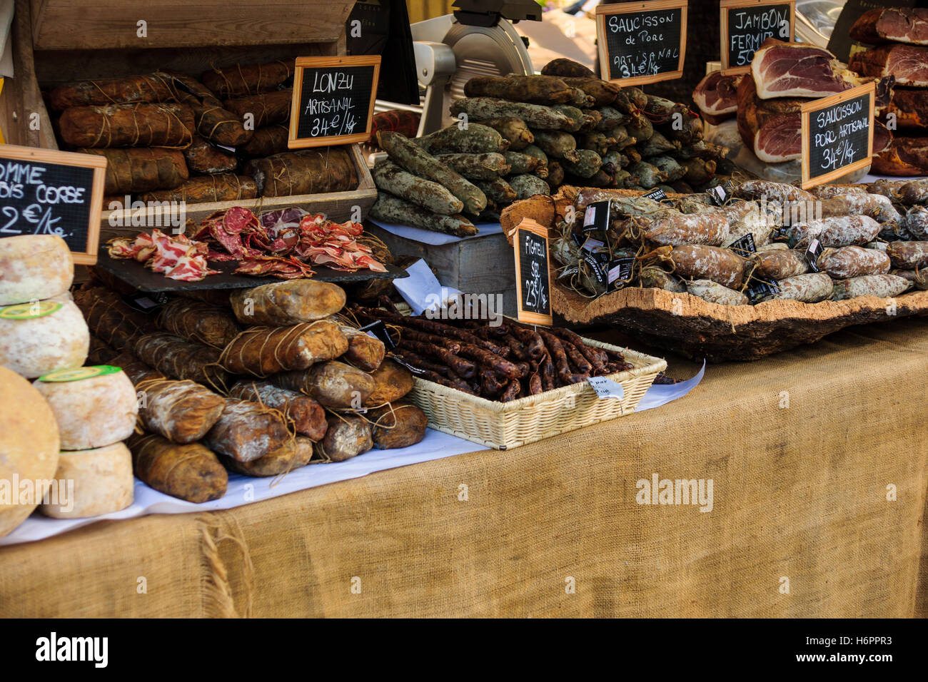 Various sausages on sale in a French market, in Ajaccio, Corsica, France Stock Photo