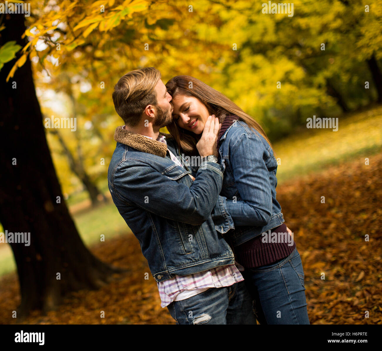 Young couple posing in the autumn park Stock Photo - Alamy