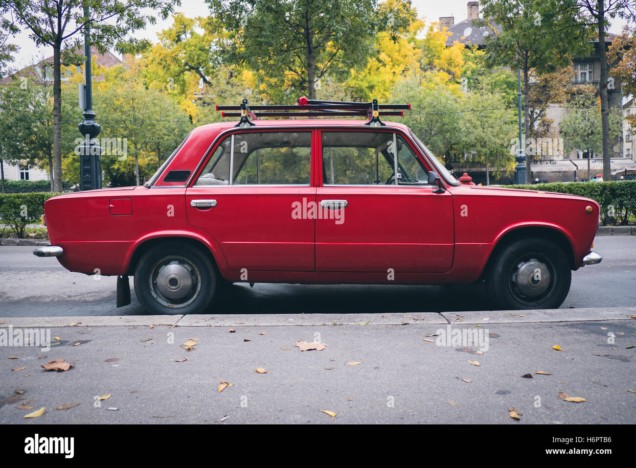 Red Lada car in Budapest, Hungary Stock Photo