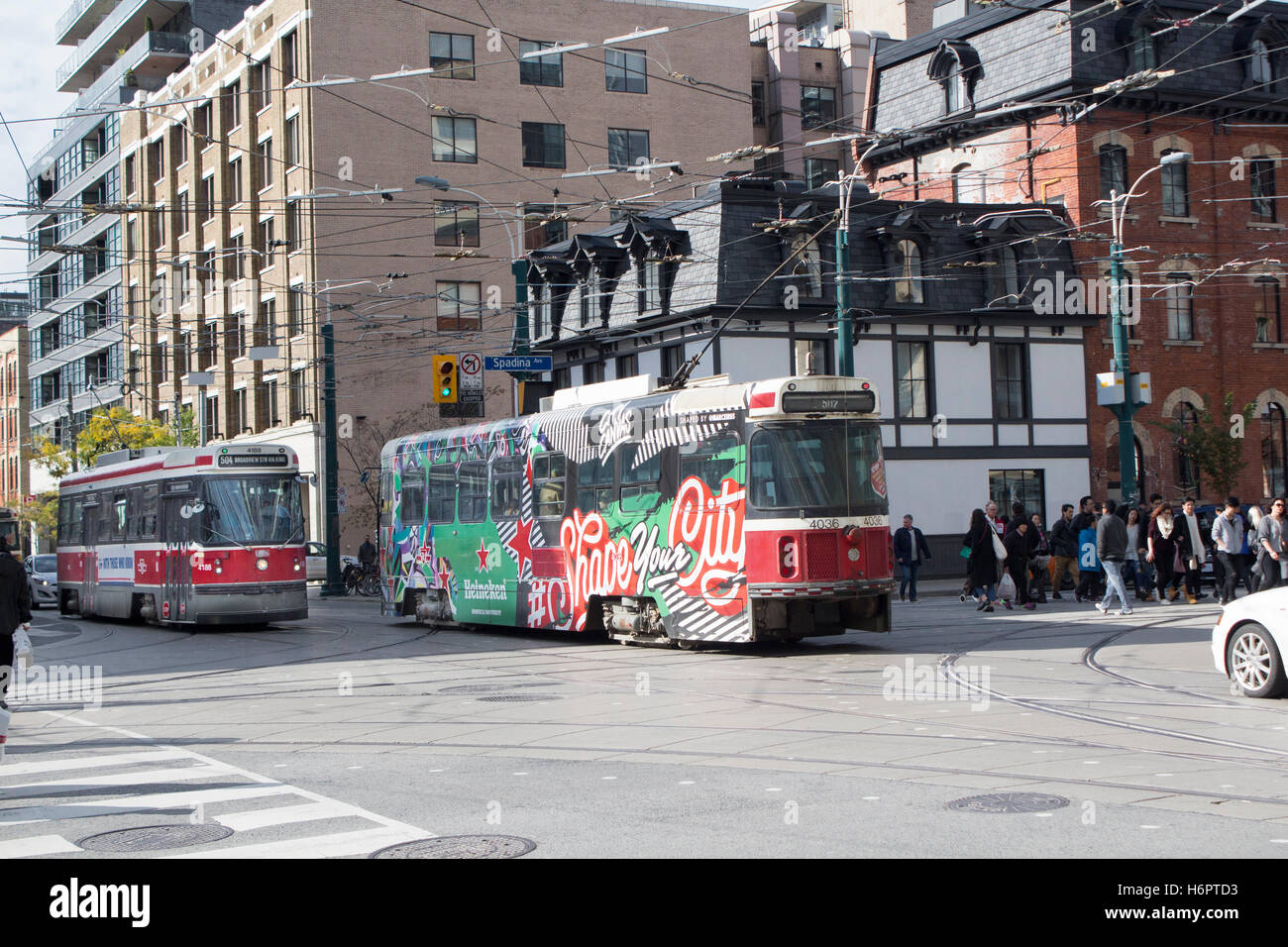 Two CLRV Toronto streetcars on King St. in downtown Toronto, Ontario, Canada on streetcar tracks Stock Photo