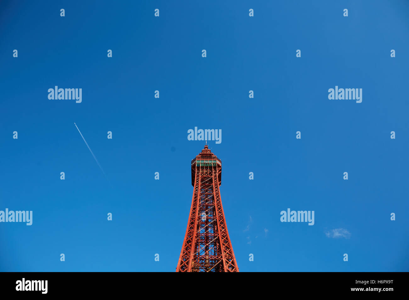 Blackpool tower structure landmark Holiday sea side town resort Lancashire tourist attractions tower copyspace blue sky detai Stock Photo