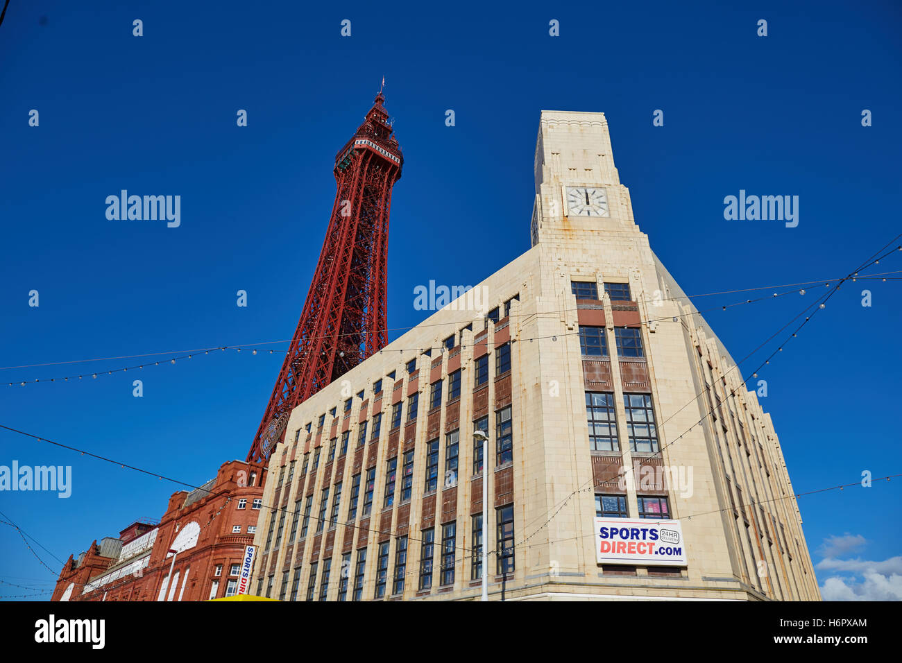Blackpool ftower art deco building front   Holiday sea side town resort Lancashire tourist attractions  tower copyspace blue sky Stock Photo