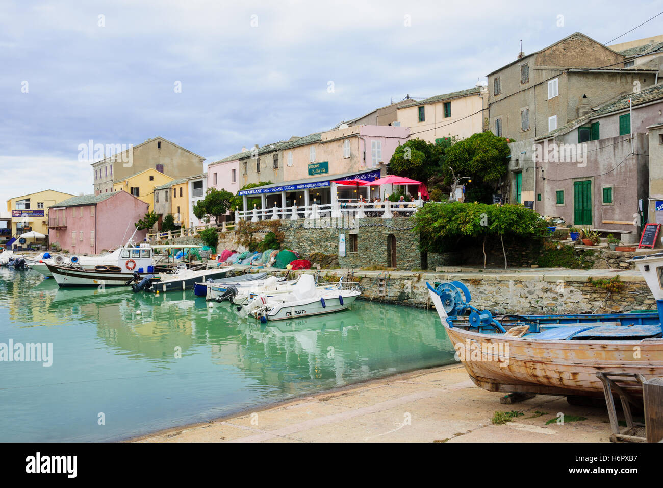 CENTURI, FRANCE - OCTOBER 16, 2014: Scene of the old port in Centuri, Cap Corse, Corsica, France Stock Photo