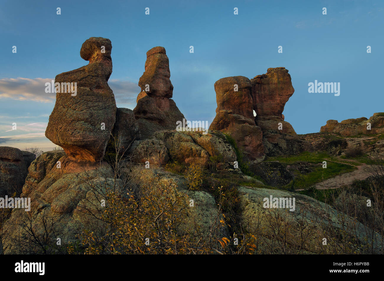 Sunset photo of interesting  sandstone rock formations in Belogradchik, Bulgaria. Stock Photo