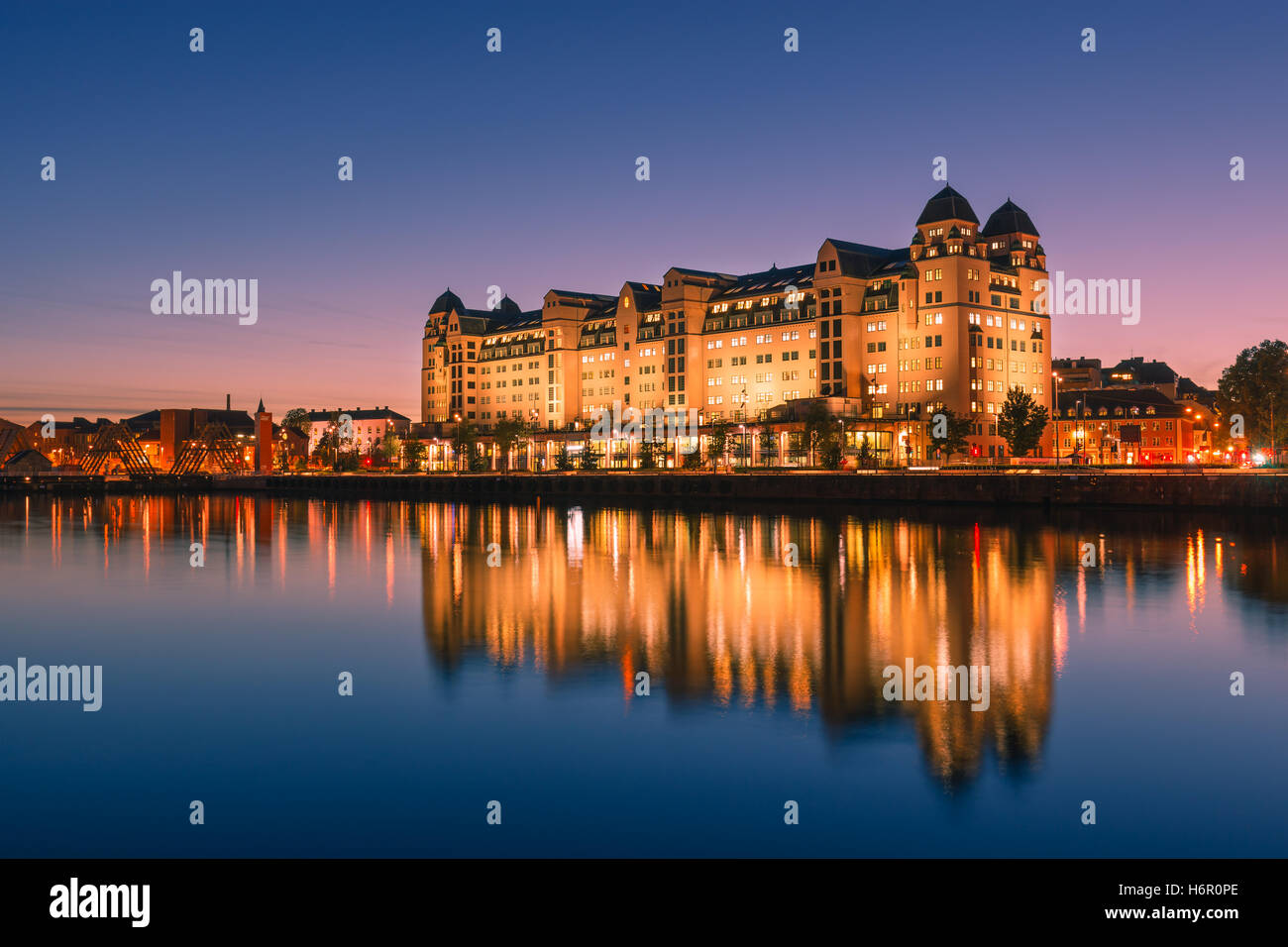 Blue hour in Oslo with the Eniro Norge building, Norway. Stock Photo