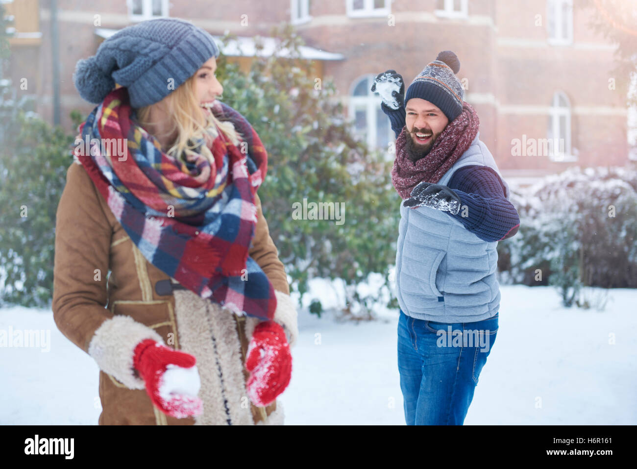 Laughing together in the winter Stock Photo