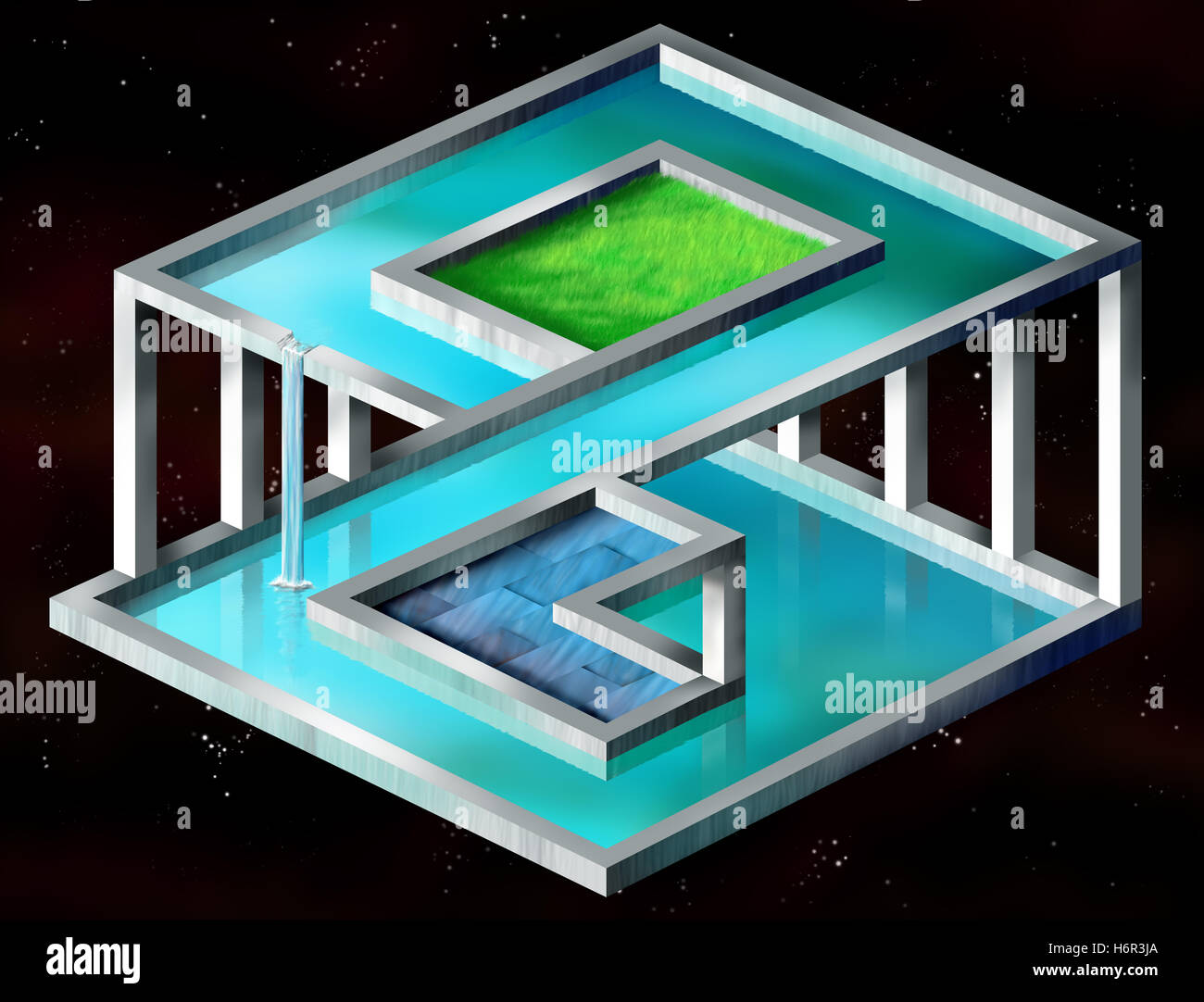 space waterfall surreal geometric structure water blue art model design project concept plan draft space technical heaven Stock Photo