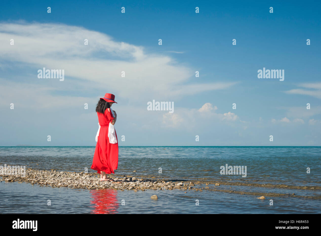 a view of chinese girl's back, side of Qinghai lake, china. Stock Photo
