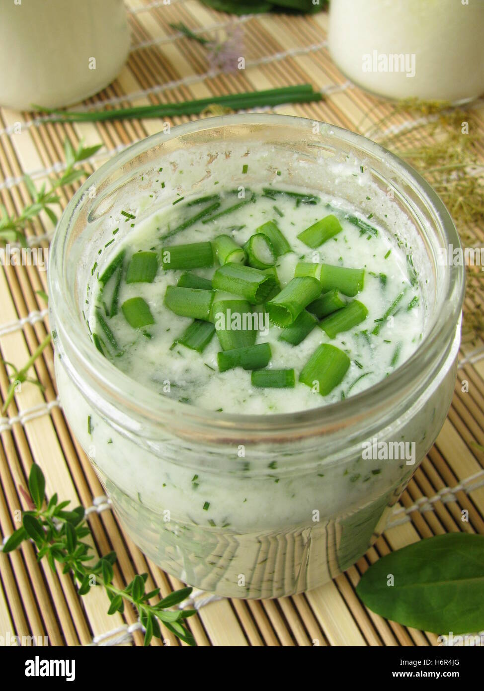 green yogurt smoothie with garden herbs Stock Photo