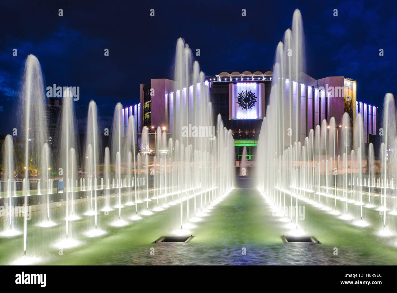 Fountain in front of the National Palace of Culture, Sofia, Bulgaria. Night scene Stock Photo