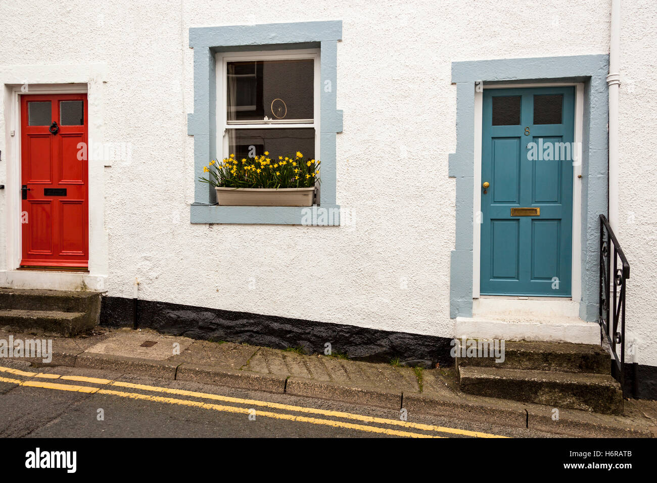 Roadside terraced homes, Keswick, Lake District, Cumbria, England Stock Photo
