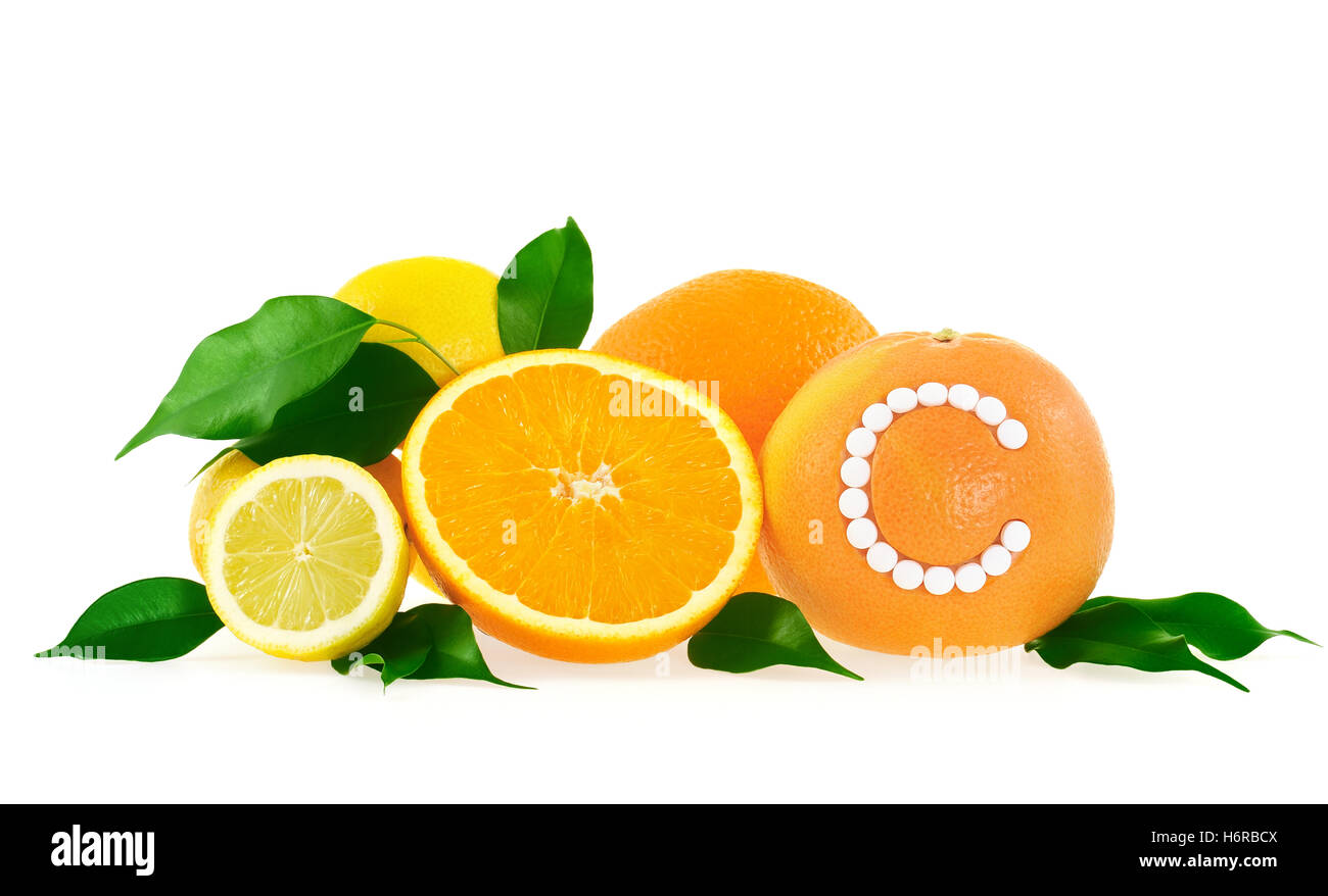 vitamins vitamines progenies fruits pills means agent medicine drug remedy substance medicin tablet citrus pill close still Stock Photo