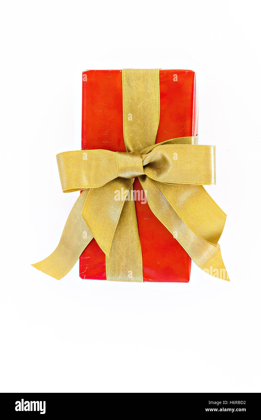 Gift red box with gold ribbon and bow isolated Stock Photo - Alamy