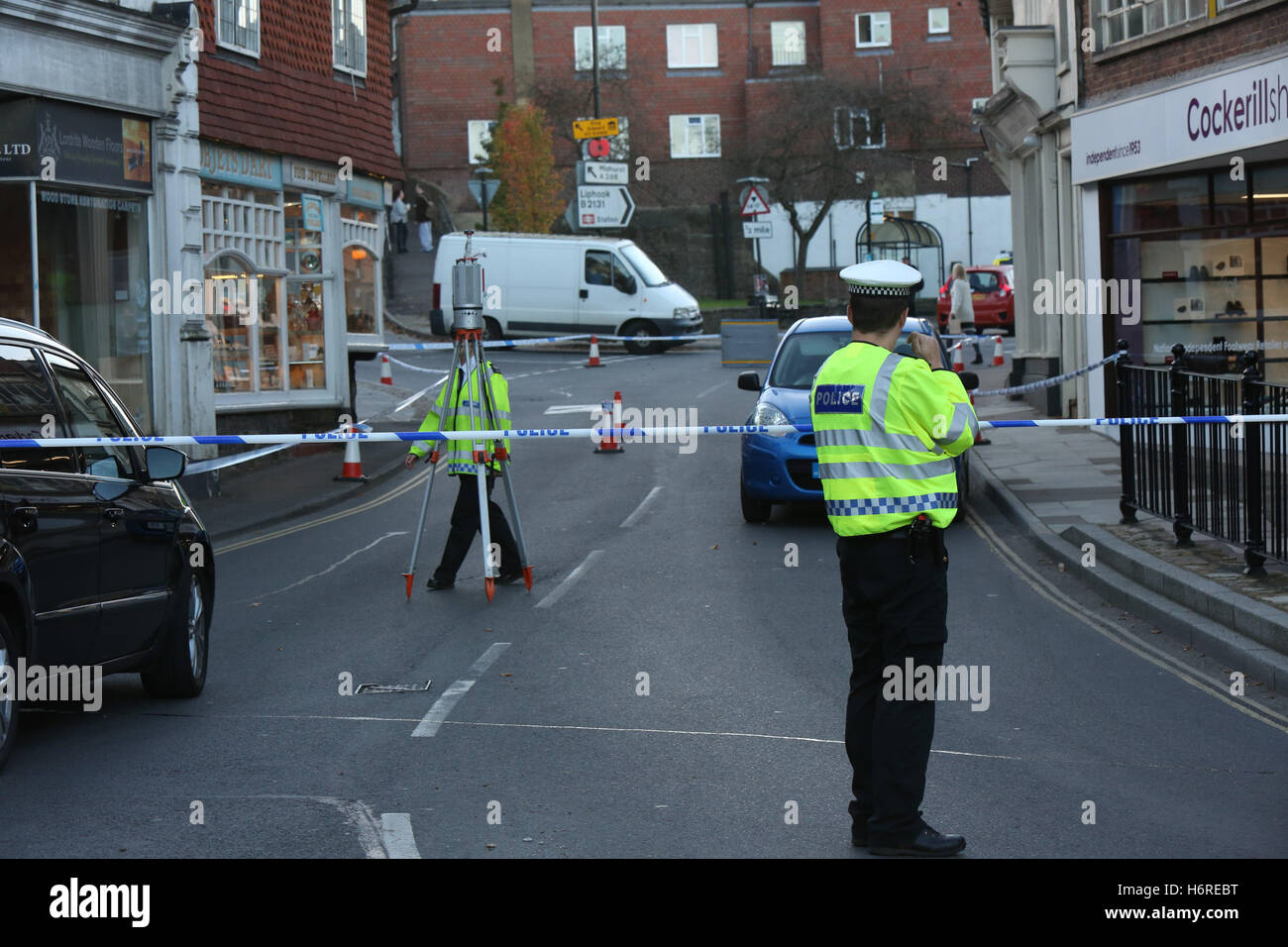 Haslemere, Surrey, UK. 31st October, 2016. A man in his 80’s  has been airlifted to  hospital following a serious collision  in Haslemere. Surrey Police have  confirmed  a man in his 80s has been taken to St George’s Hospital with serious head injuries.  It is believed  that moments before the man had been out shopping for shoes in the near by Cockerill Shoes. Staff who witnesses the incident ran  with first aid kits to offer assistance  before the arrival of the emergency services. Credit:  uknip/Alamy Live News Stock Photo