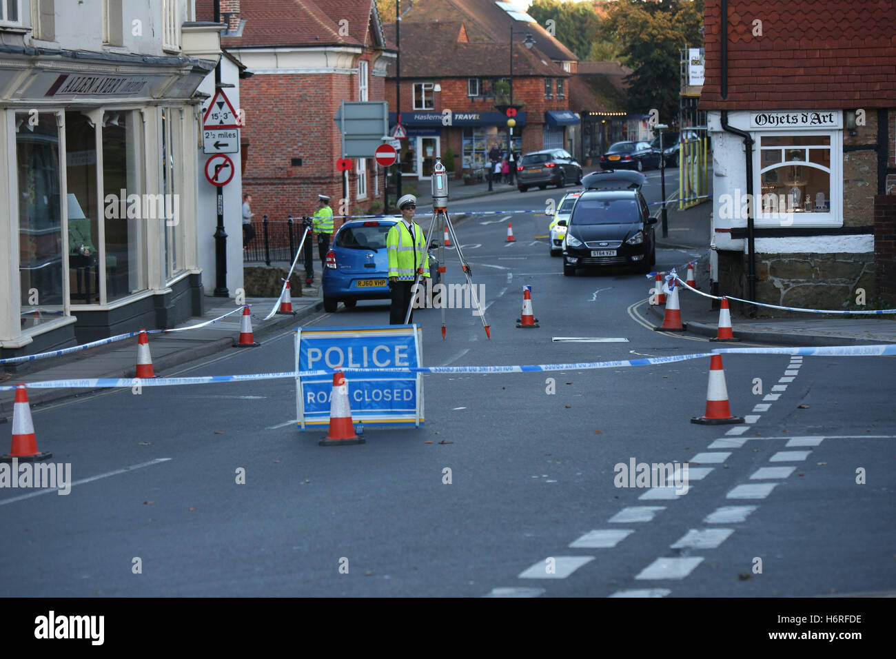 Haslemere Surrey  Monday 31st October 2016. A man in his 80’s  has been airlifted to  hospital following a serious collision  in Haslemere. Surrey Police have  confirmed  a man in his 80s has been taken to St George’s Hospital with serious head injuries.  It is believed  that moments before the man had been out shopping for shoes in the near by Cockerill Shoes. Staff who witnesses the incident ran  with first aid kits to offer assistance  before the arrival of the emergency services. Credit:  uknip/Alamy Live News Stock Photo