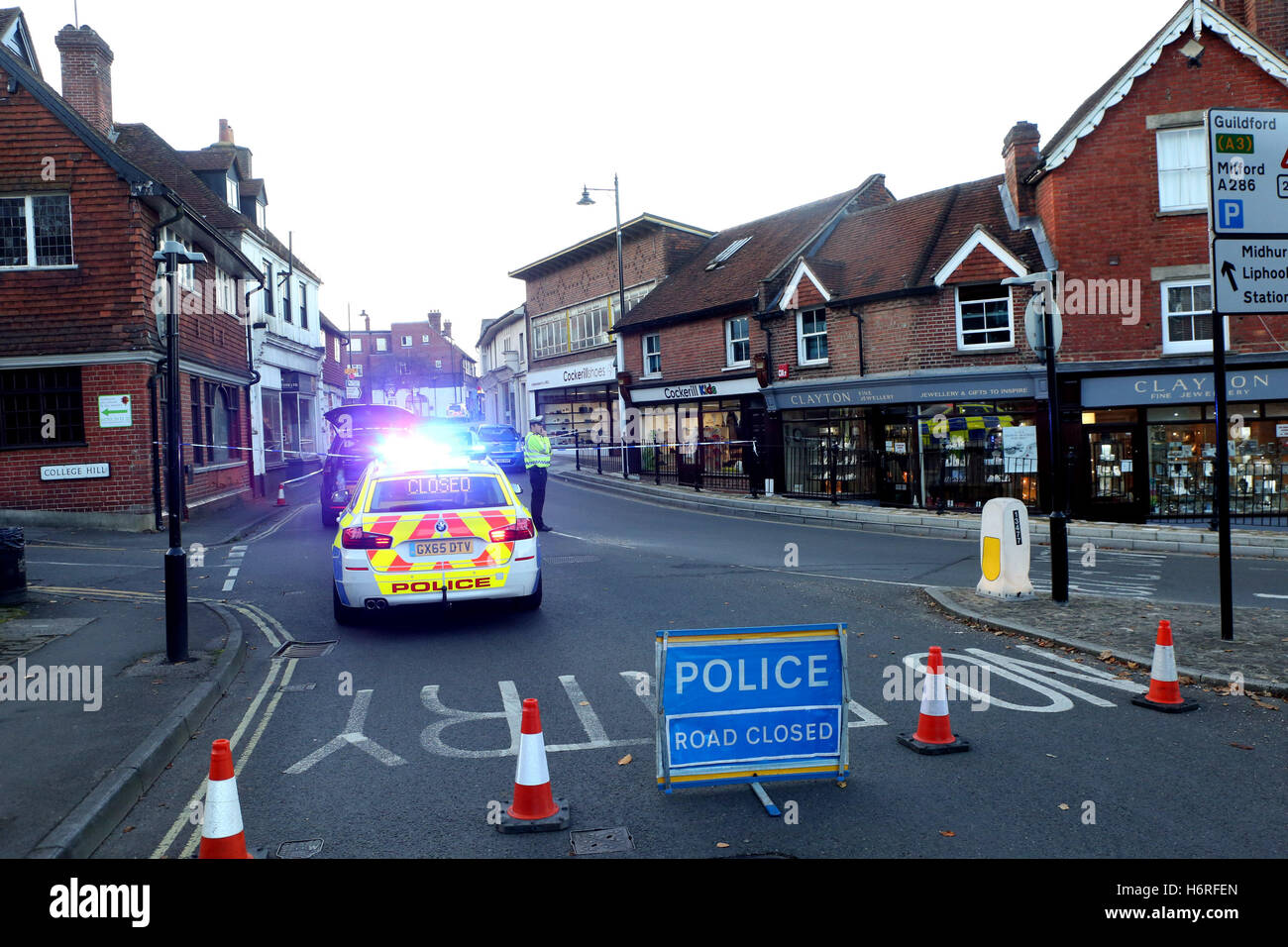 Haslemere Surrey  Monday 31st October 2016. A man in his 80’s  has been airlifted to  hospital following a serious collision  in Haslemere. Surrey Police have  confirmed  a man in his 80s has been taken to St George’s Hospital with serious head injuries.  It is believed  that moments before the man had been out shopping for shoes in the near by Cockerill Shoes. Staff who witnesses the incident ran  with first aid kits to offer assistance  before the arrival of the emergency services. Credit:  uknip/Alamy Live News Stock Photo
