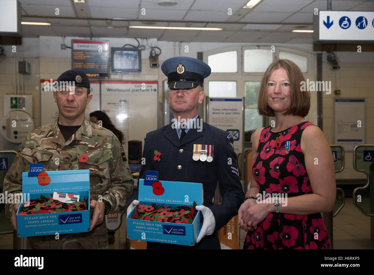 Leyton, UK. 1st Nov, 2016. Army – WO1 Damien Marsden, HQ London District, RAF – Cpl Sean Povey, RAF Halton and Claire Rowcliffe, Director of Fundraising, The Royal British Legion, help launch London Poppy Day in Leytons Stock Photo