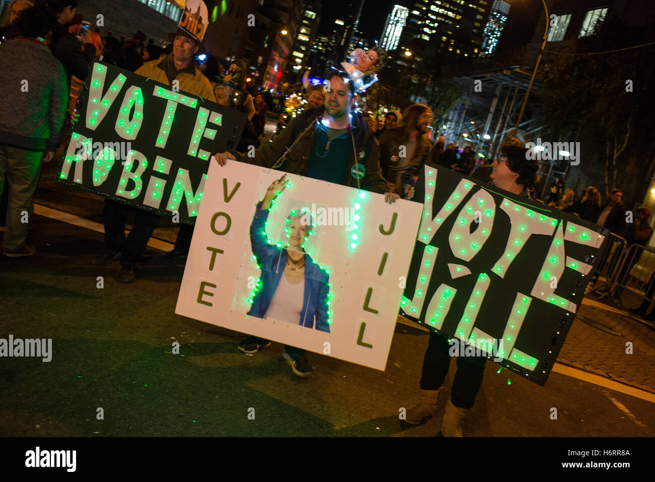 New York, NY - 31 October 2016. Marchers in the annual Greenwich Vilage Halloween Parade carry signs in support of Green Party pesidential candidate Jill Stein. Credit:  Ed Lefkowicz/Alamy Live News Stock Photo
