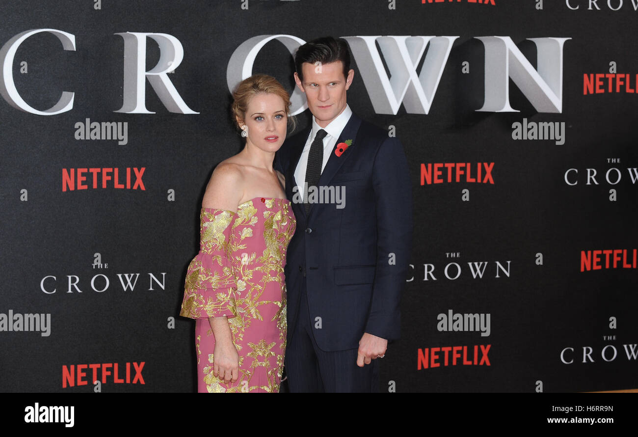 Claire Foy (left) and Matt Smith attending the season two premiere of The  Crown at the Odeon, Leicester Square, London Stock Photo - Alamy