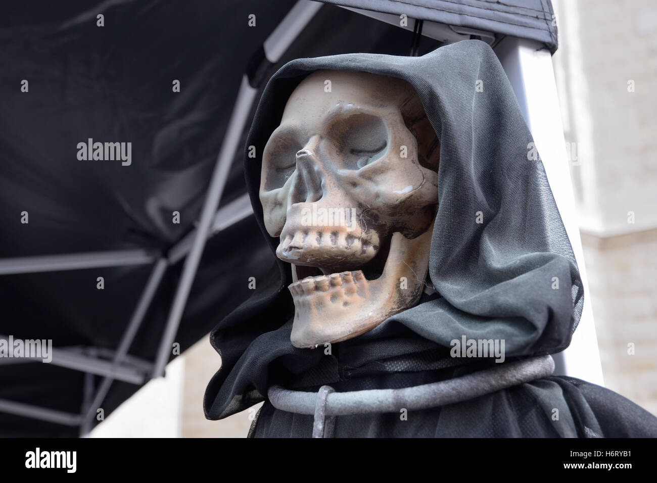 Celebration of Halloween in historical center of city on October 29, 2016 in Halle, Belgium. Small market near basilica Stock Photo