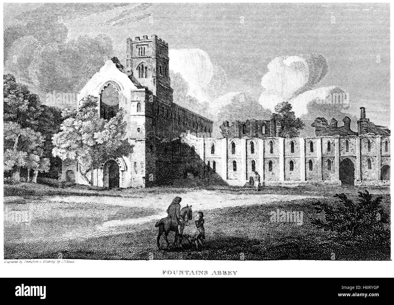 An engraving of Fountains Abbey, Yorkshire scanned at high resolution