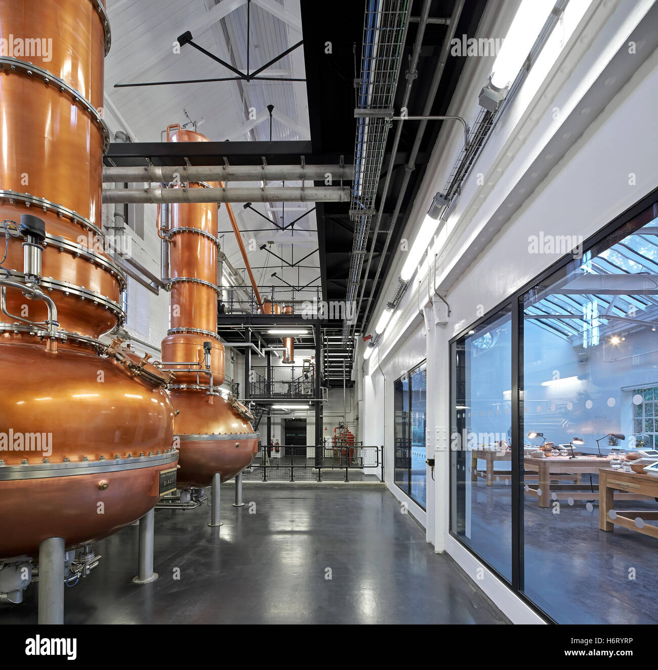 Distillery hall with view into specimen room. Bombay Sapphire