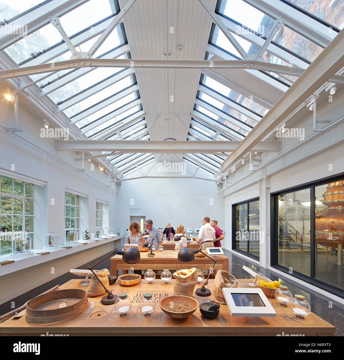 Specimen room with glass roof. Bombay Sapphire Distillery, Laverstoke, United Kingdom. Architect: Heatherwick, 2014. Stock Photo