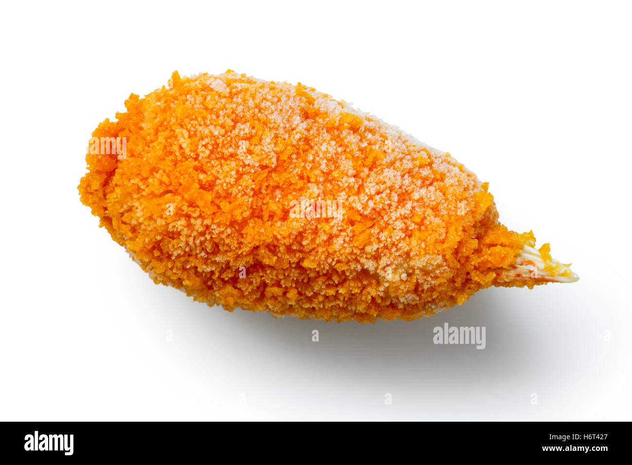 Detail of frozen breaded surimi crab claw isolated on white from above. Stock Photo