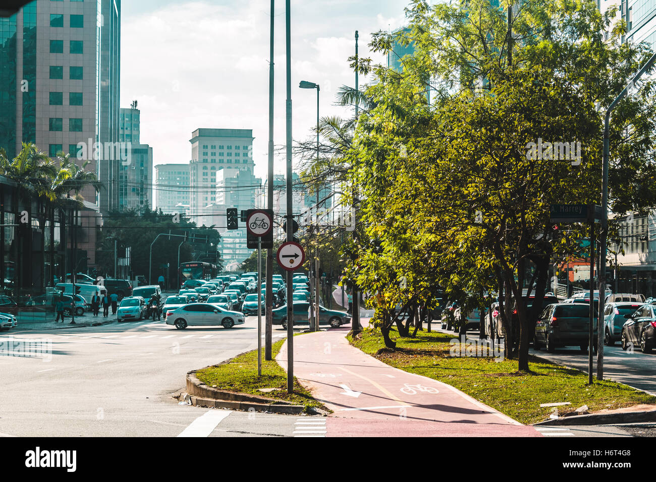 Photo of Bike Path in the Streets of Sao Paulo, Brazil (Brasil) Stock Photo