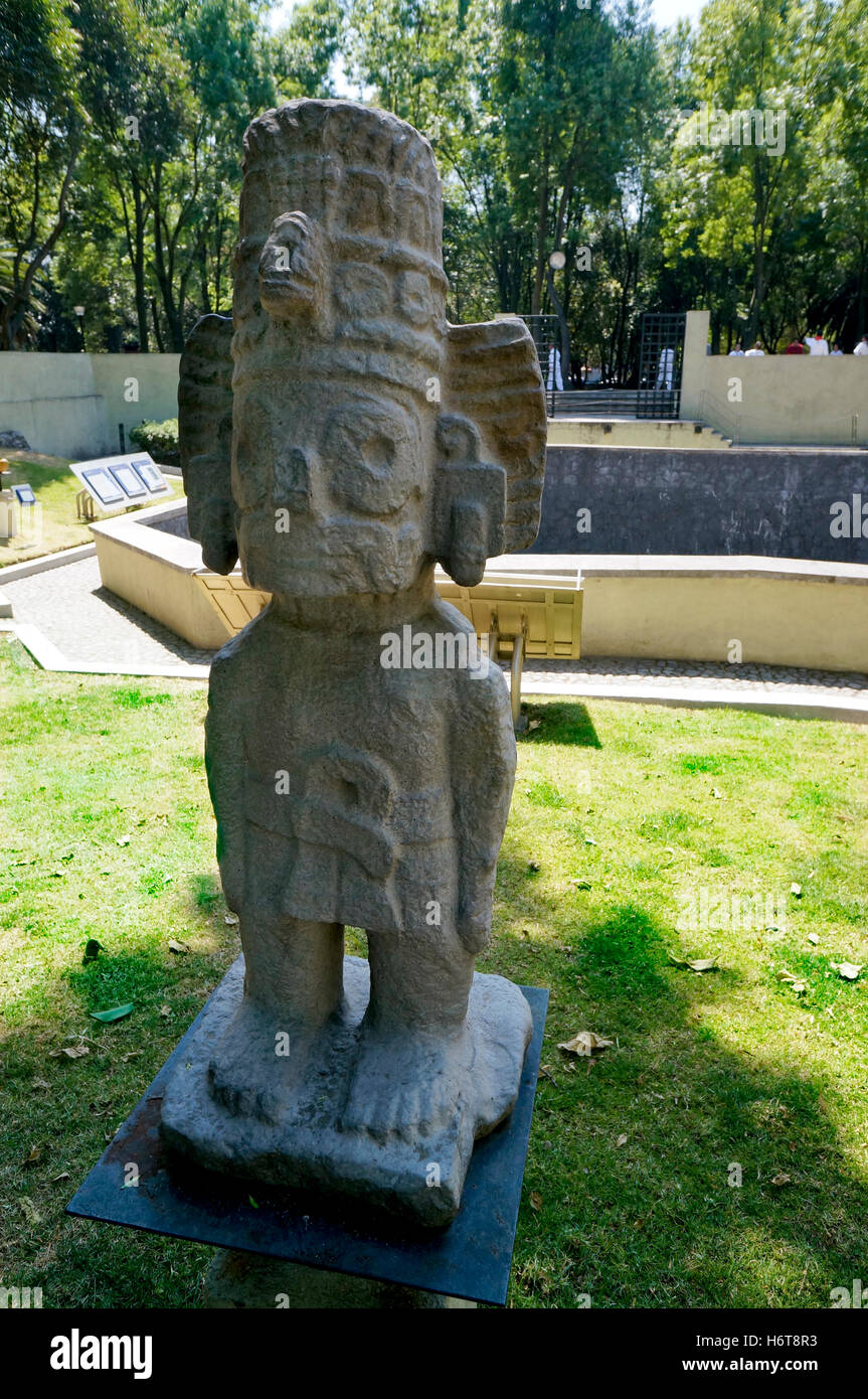 Aztec civilization, Mexico City, Mexico. Tlaloc, god of rain and fertility stone statue in Chapultepec Park. Stock Photo