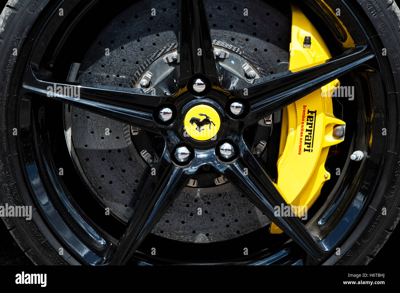2013 Ferrari 458 spider wheel showing brake caliper Stock Photo
