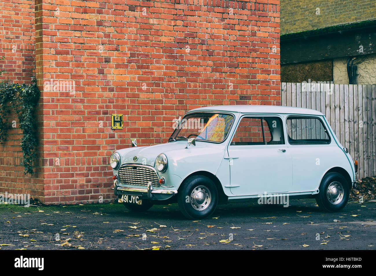 1960 Mini at Bicester Heritage Centre. Oxfordshire, England. Vintage filter applied Stock Photo