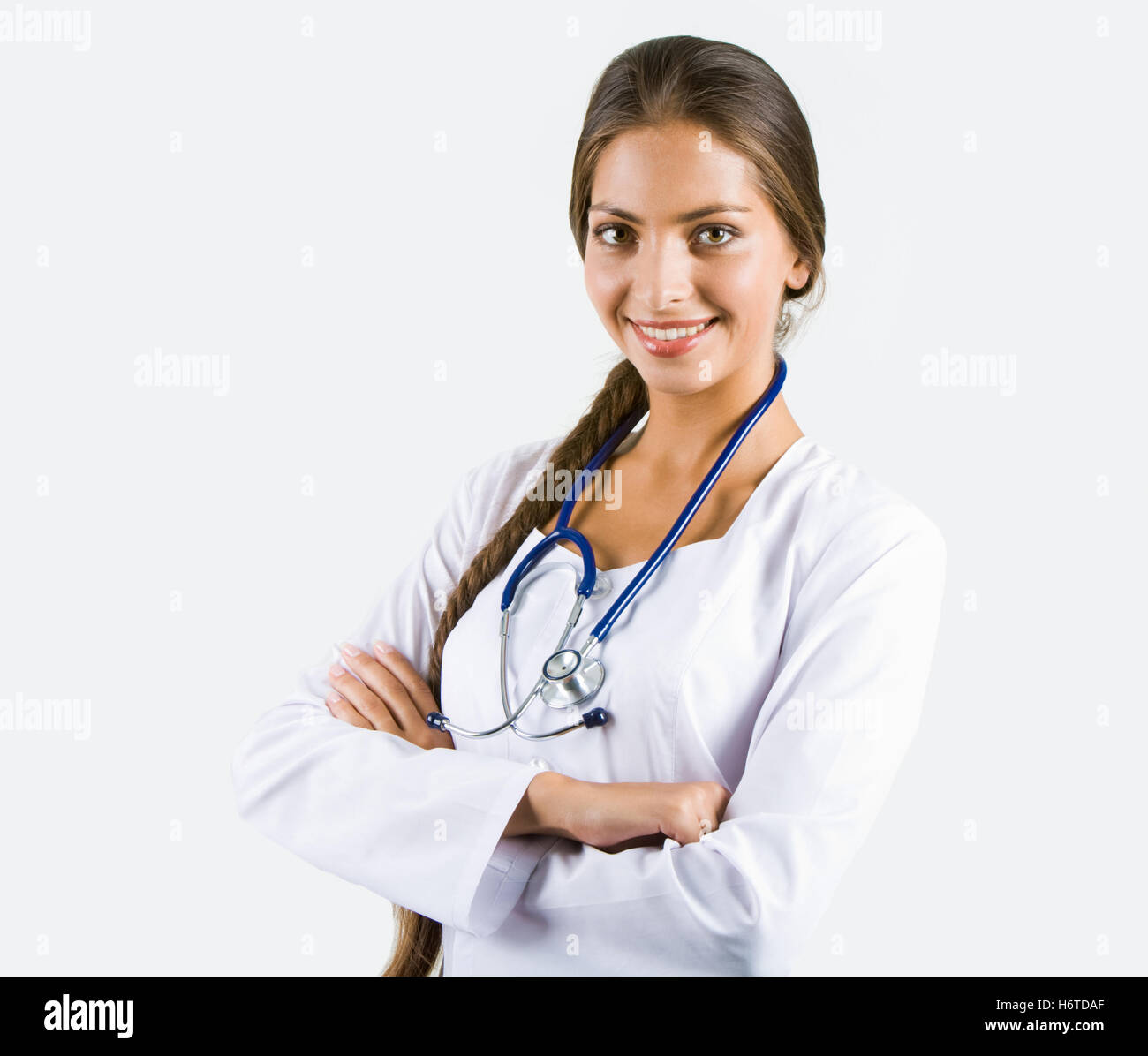 doctor physician medic medical practicioner woman blue humans human beings people folk persons human human being laugh laughs Stock Photo