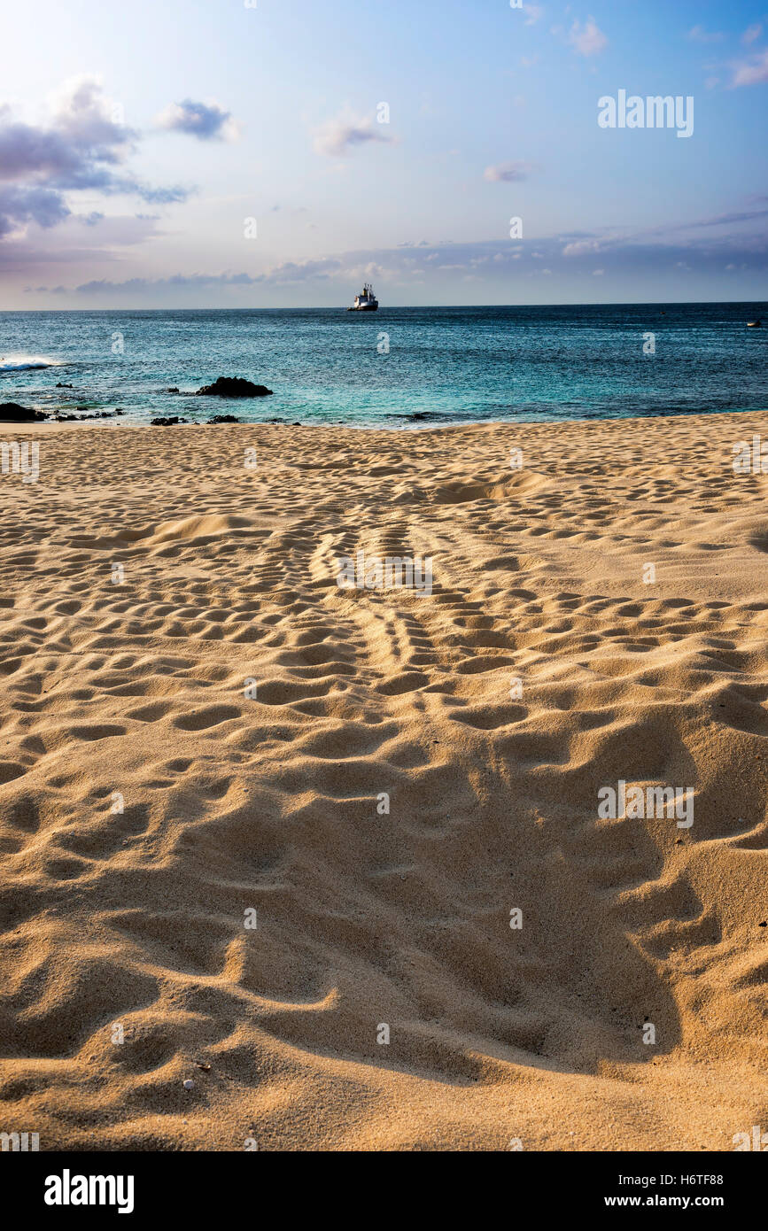 RMS St Helena off Georgetown Ascension Island from Dead man's beach which turtle tracks in the sand Stock Photo