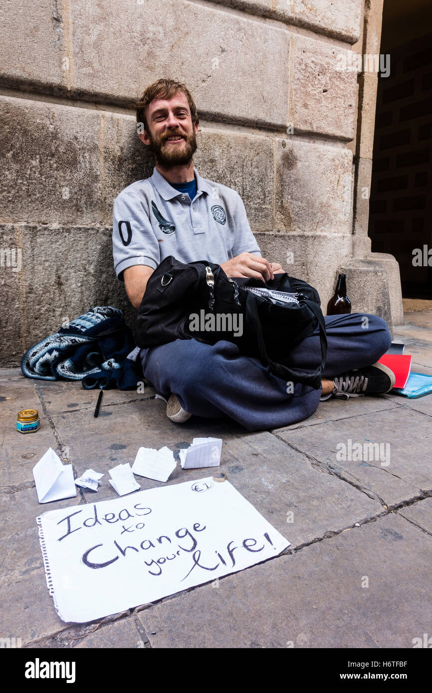 Street Performer, Barcelona, Spain, who gives out 'ideas to change your life' in exchange for money. Stock Photo