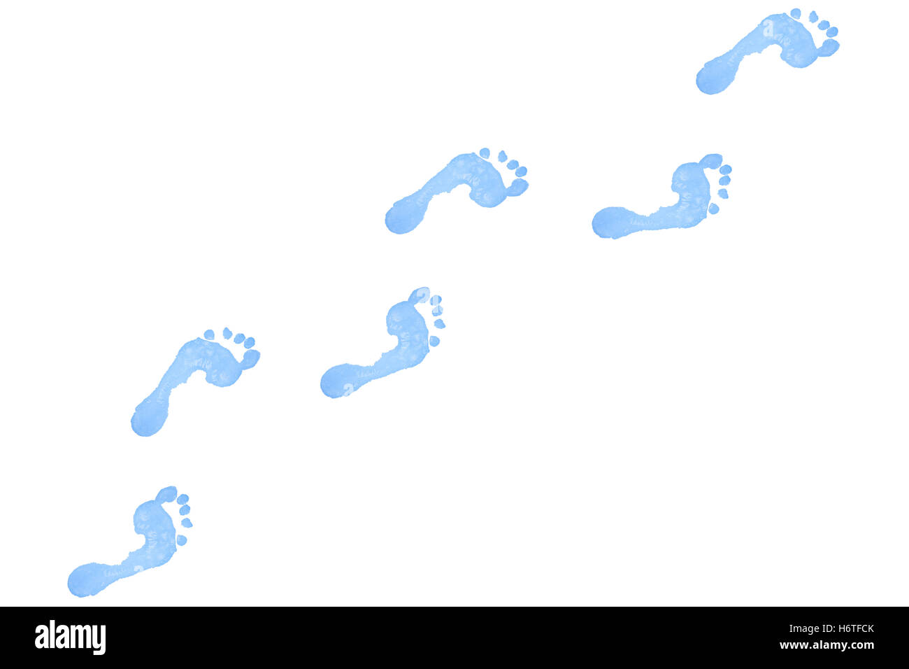 Six blue footprints against a white background Stock Photo - Alamy