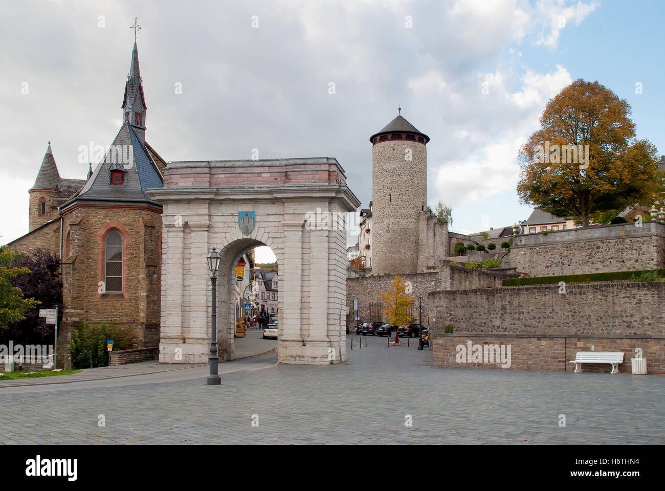 view of weilburg with neo-classical land gate and tower Stock Photo
