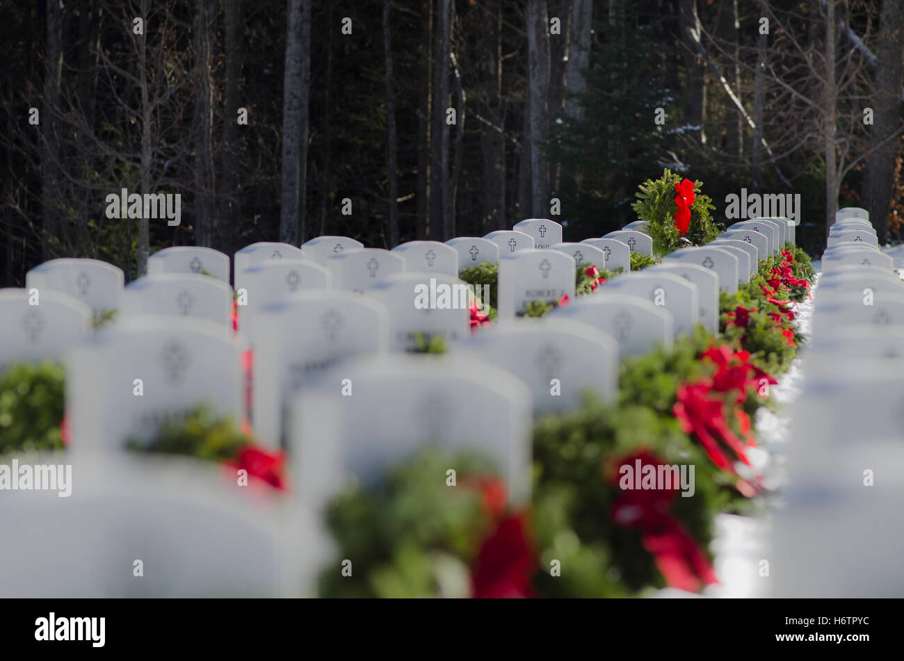 Wreaths adorn headstones throughout the Massachusetts Veterans
