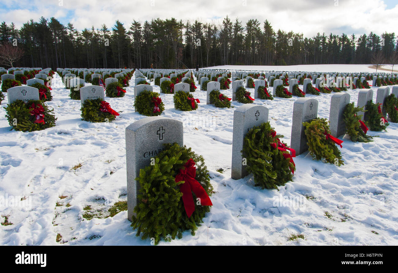 Wreaths adorn headstones throughout the Massachusetts Veterans