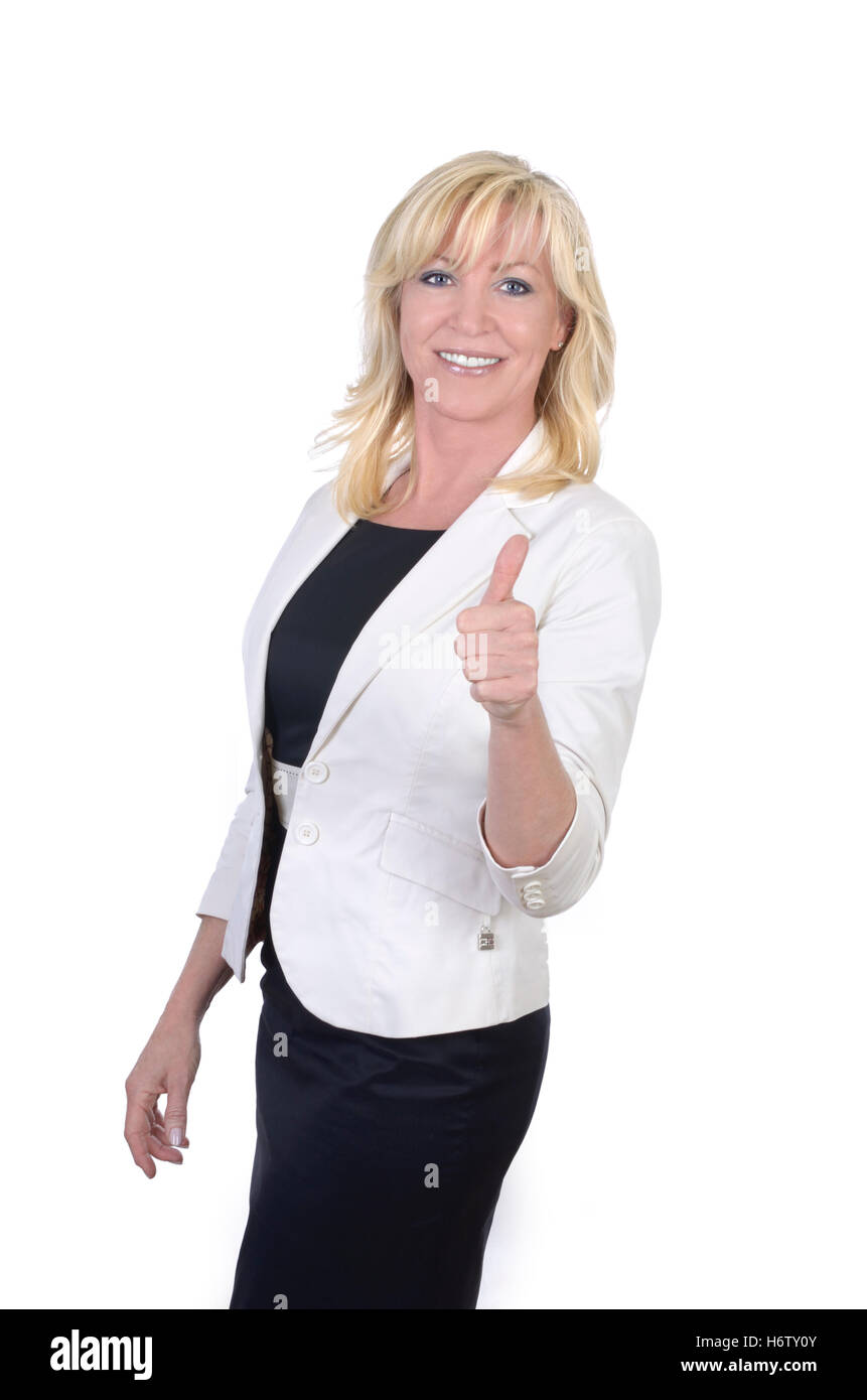 business woman smiling and holding thumbs up Stock Photo - Alamy