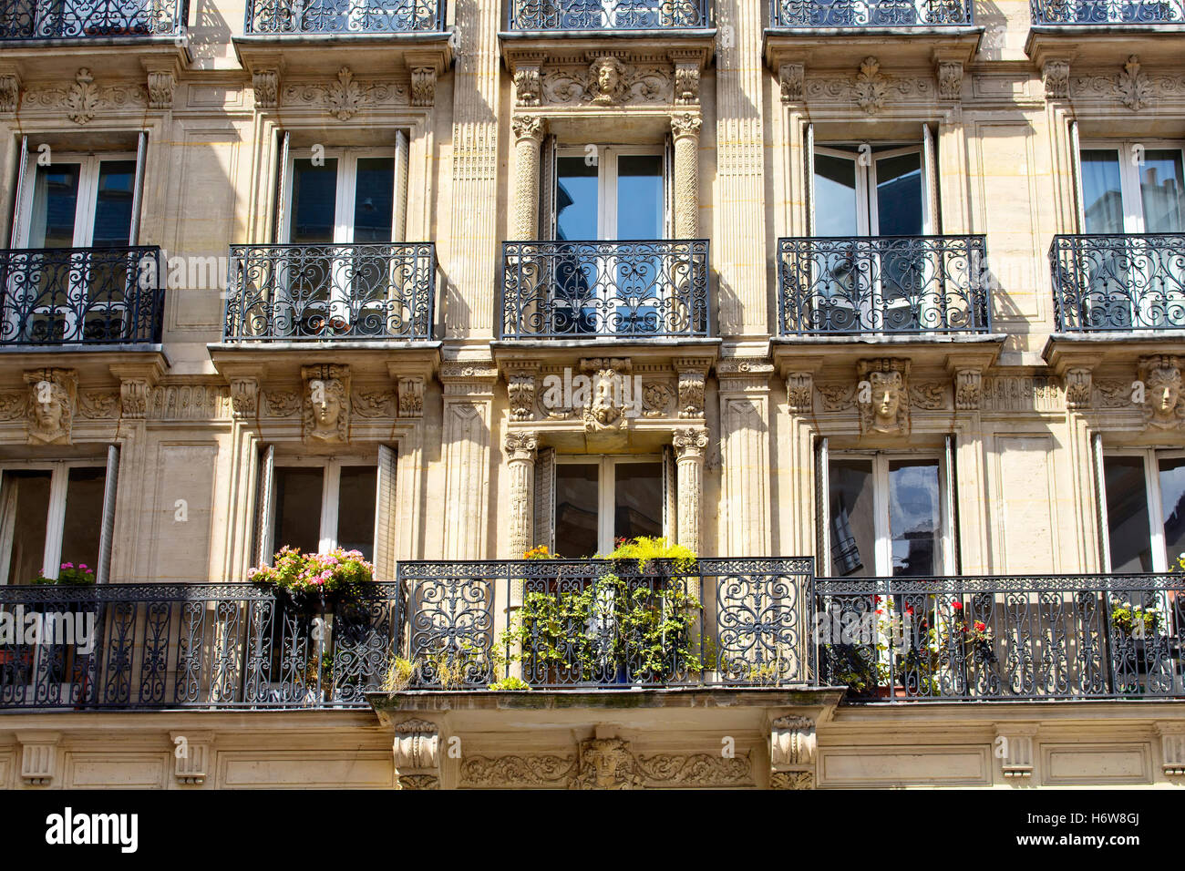 View of a traditional building in Paris showing French architectural style. Carvings and iron work balconies and some flowers cr Stock Photo