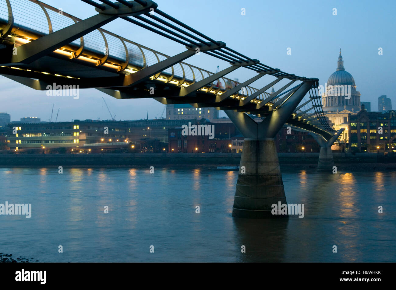 Millennium Bridge over the Thames and St. Paul's Cathedral at night, London, England, United Kingdom, Europe Stock Photo
