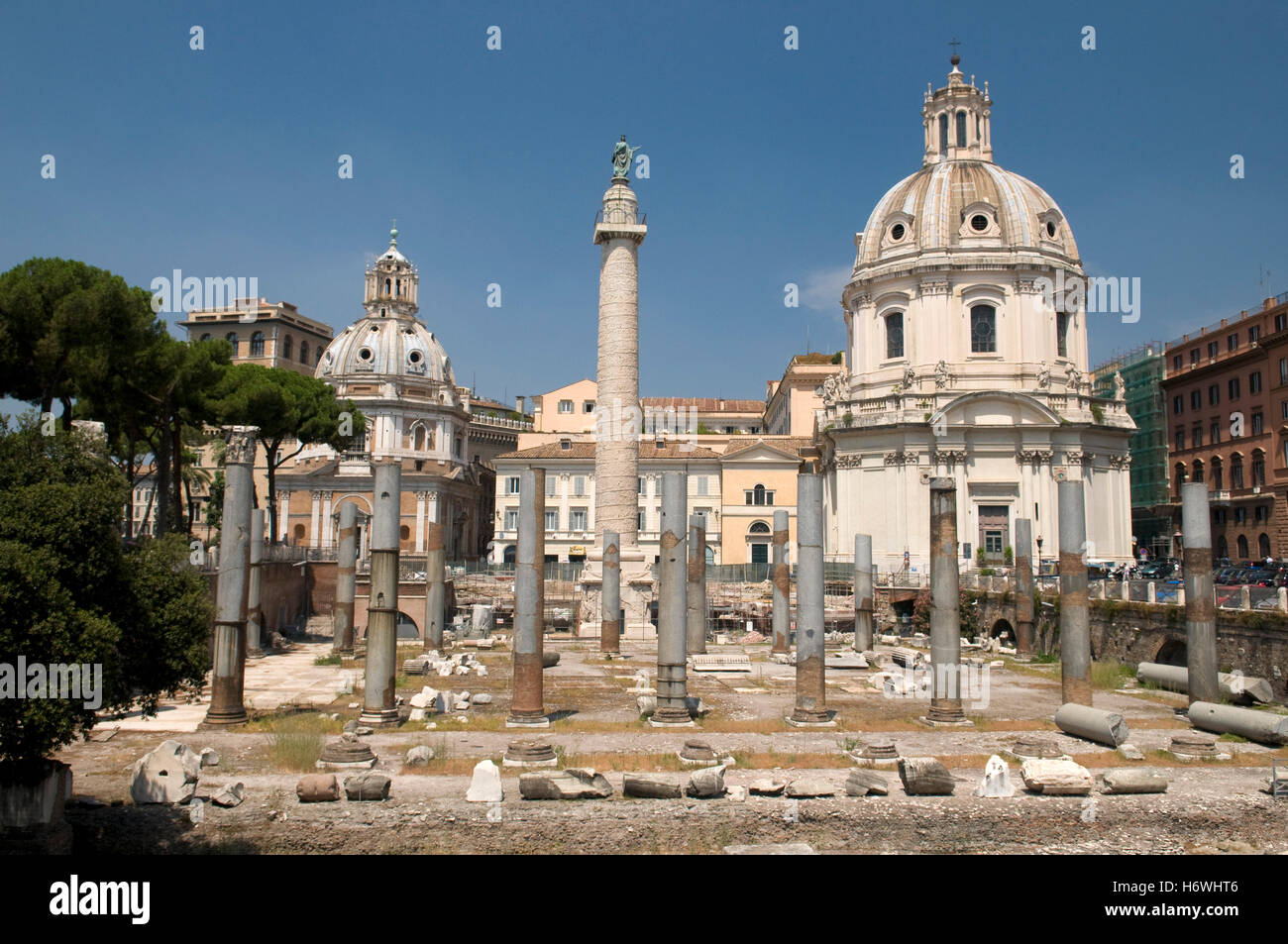 Imperial Fora with the Trajan's Column and the Church Santissimo Nome Di Maria, Church of the Most Holy Name of Mary, Rome Stock Photo